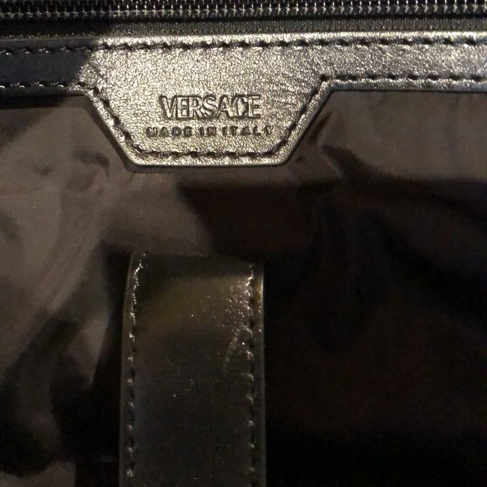 Versace like new black Greca travel bag gold accents nylon magnet close 17x14x7